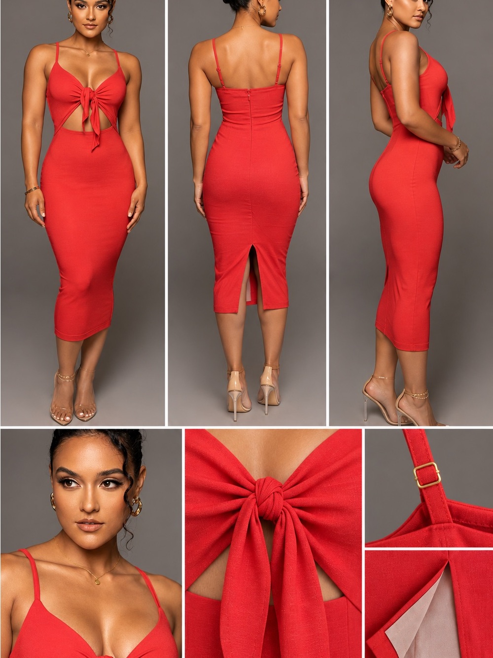 JLUXLABEL Red Soulmate Cut Out Tie Front Midi Dress Size Small
